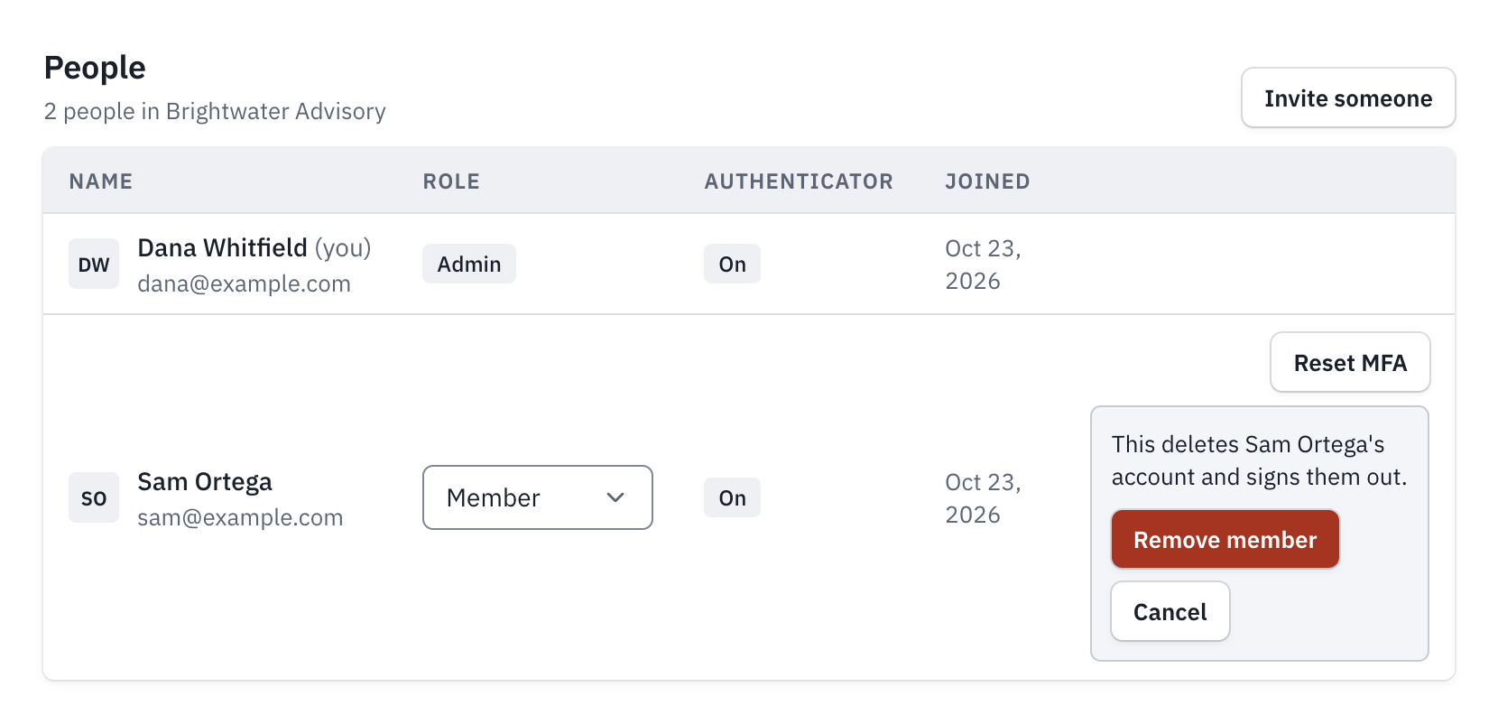 A member's row asking to confirm the removal, with Remove member and Cancel.