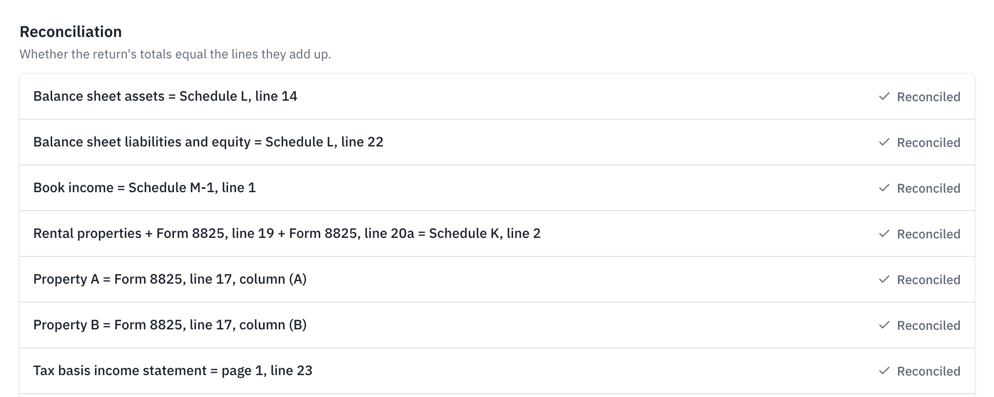 A return page's Reconciliation section, with each check's result.
