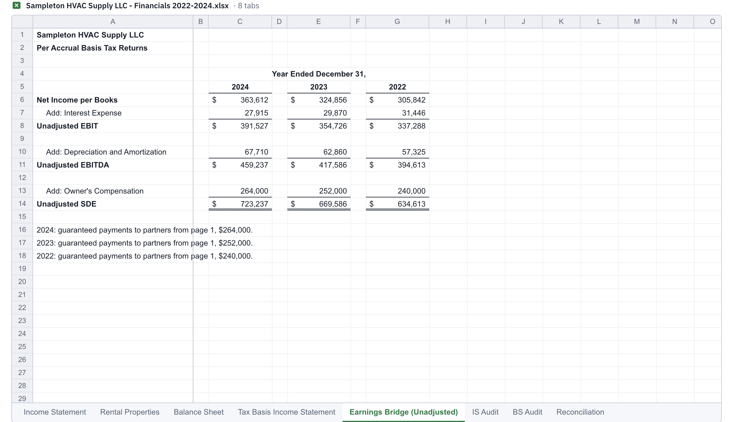 The workbook preview's Earnings Bridge (Unadjusted) tab, with the tabs along the bottom.