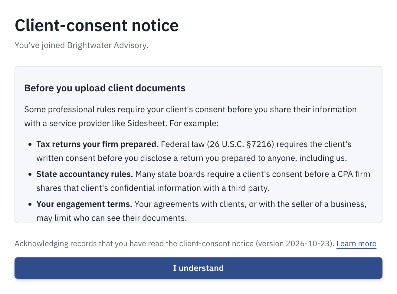 The Client-consent notice page shown when joining a firm, with I understand at the bottom.