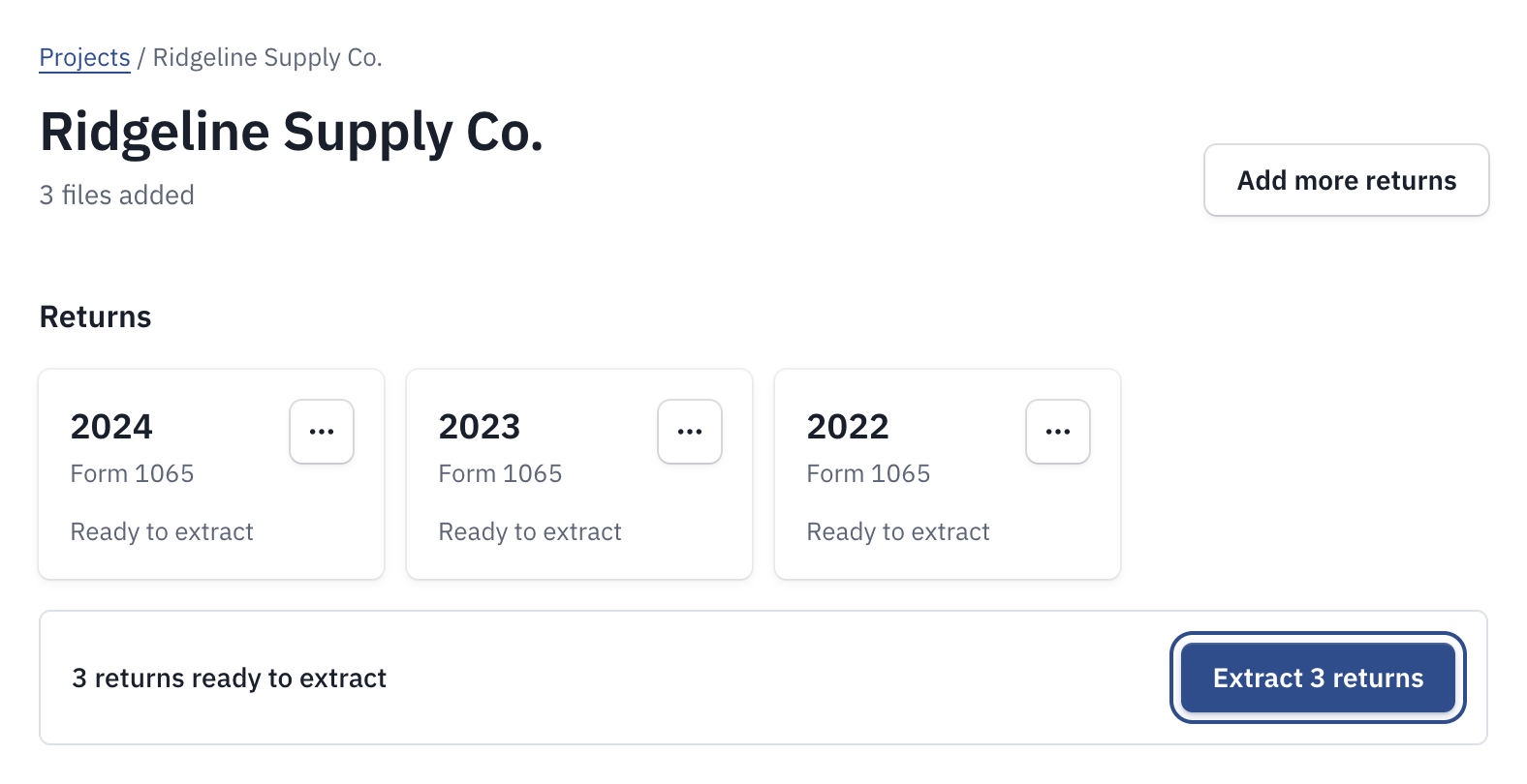 Three cards identified as Form 1065 for 2024, 2023 and 2022, with 3 returns ready to extract and Extract 3 returns.