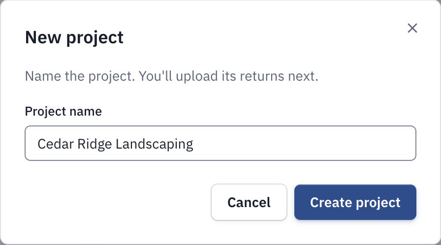 The New project window, with the Project name field and Create project.