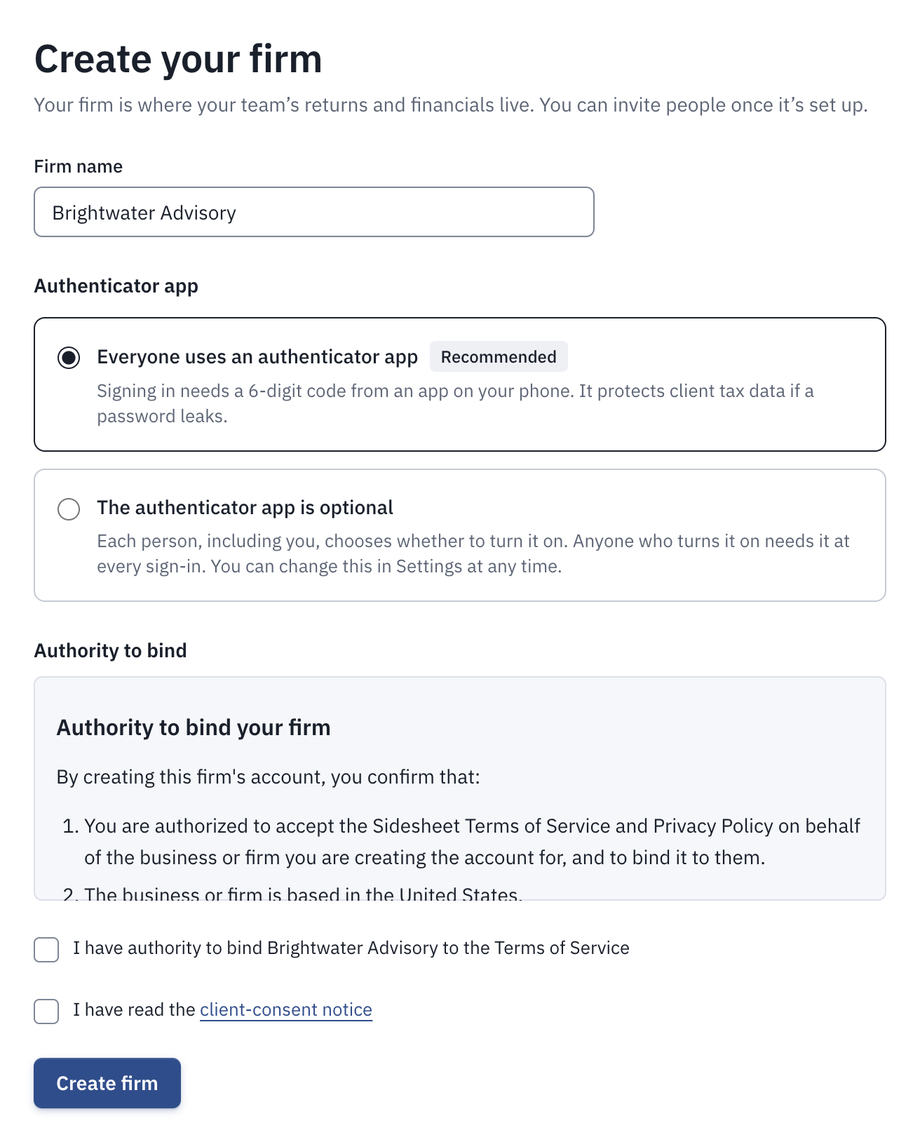 The Create your firm form, with a firm name entered.