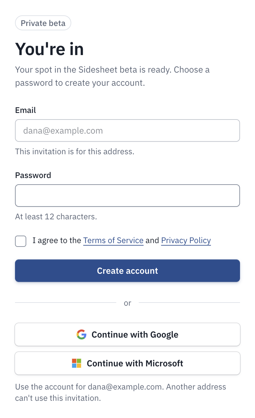 The setup page, with the invited email, a password and Google and Microsoft.