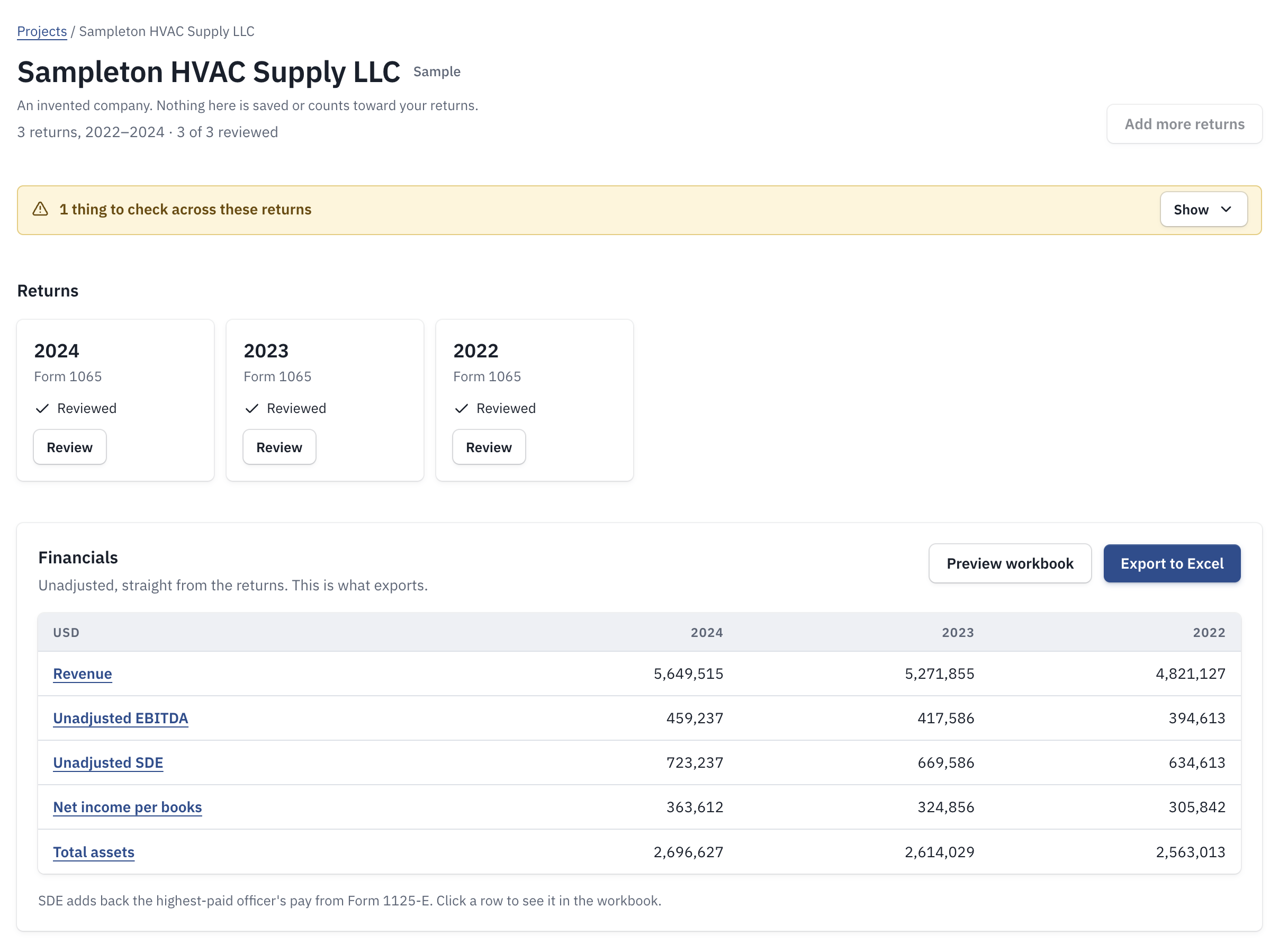 A project's page, with its warnings banner, a card for each return, and the Financials card with Preview workbook and Export to Excel.