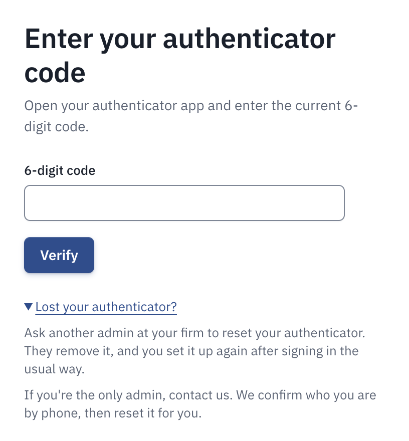 Enter your authenticator code, with the 6-digit code field, Verify, and Lost your authenticator? opened.