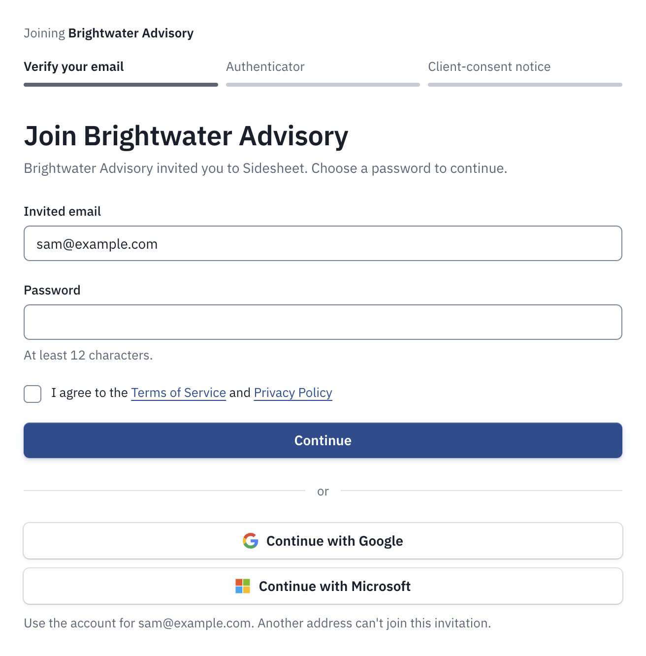 The page an invitation opens, with the Invited email filled in, a password field, and Continue with Google and Continue with Microsoft.