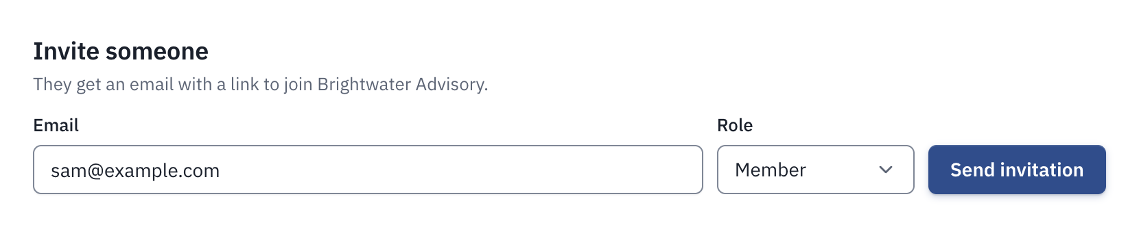 The Invite someone form, with the email field, the Role choice set to Member, and Send invitation.