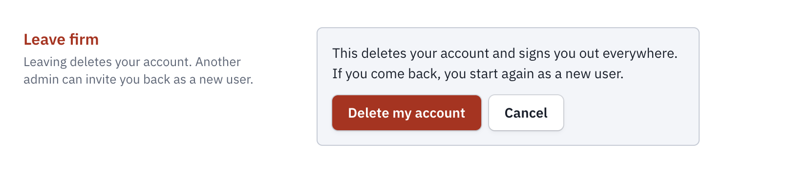 The Leave firm confirmation, with Delete my account and Cancel.