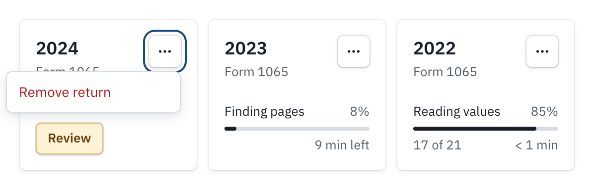 A project's cards, with the More actions menu open on the 2024 card and Remove return in it.