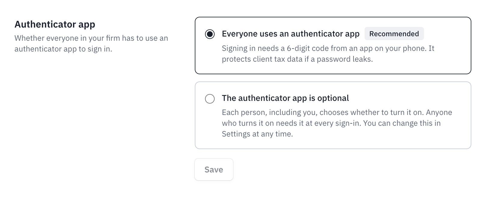 Authenticator app on Account and security, with Everyone uses an authenticator app chosen and marked Recommended, and Save.