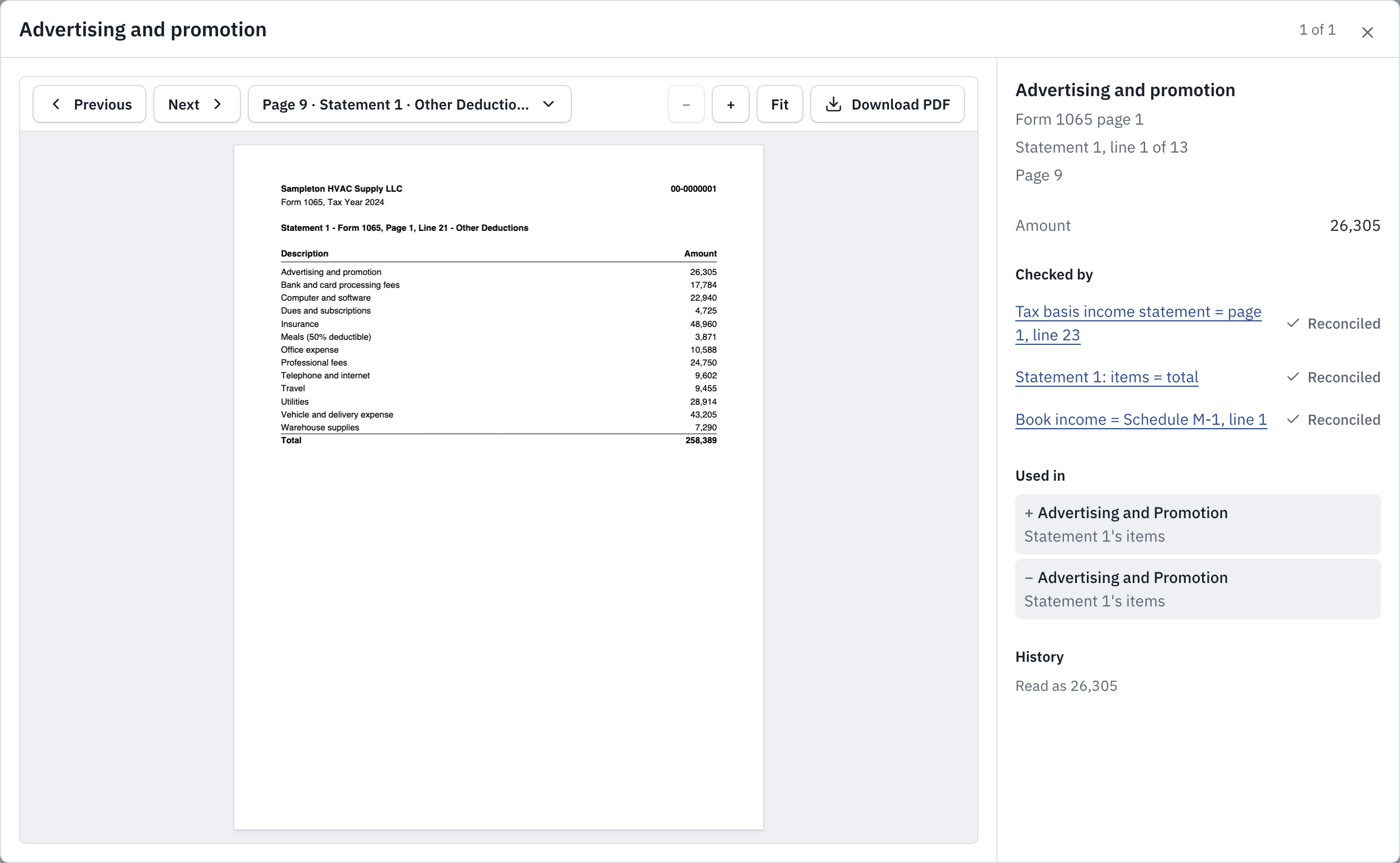 The review window, with the return's page on the left and the value's Amount, Checked by, Used in and History on the right.