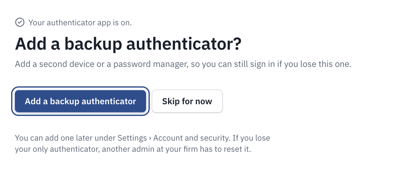 Add a backup authenticator?, with Add a backup authenticator and Skip for now.