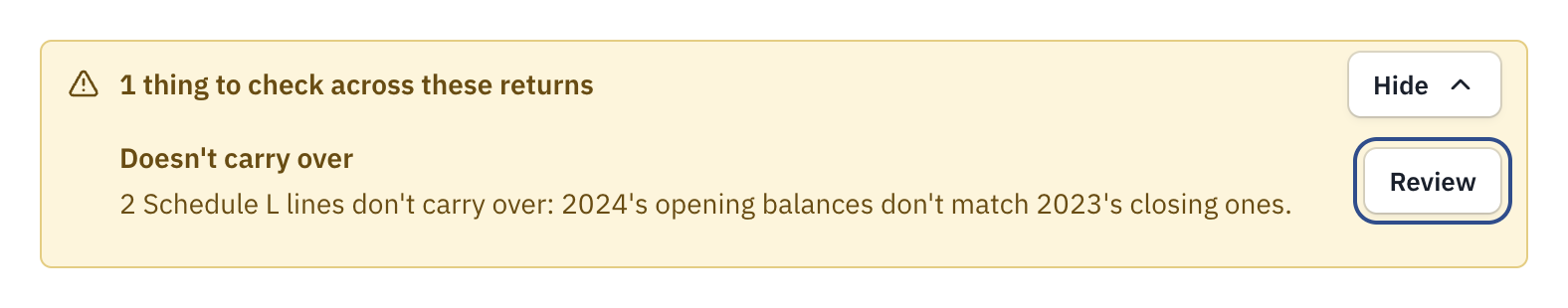 The project's warnings banner opened with Show, with one Doesn't carry over row and its Review button.