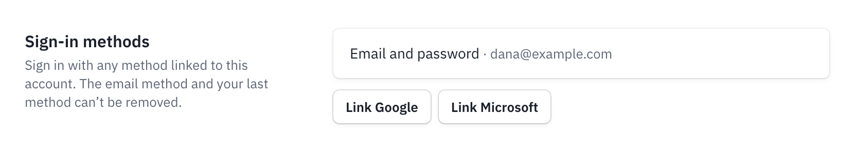 Sign-in methods on Account and security, with the email method and the Link Google and Link Microsoft buttons.