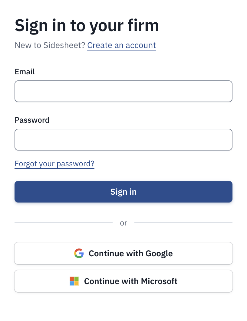 The sign-in page, with the email and password fields, Sign in, and Continue with Google and Continue with Microsoft.