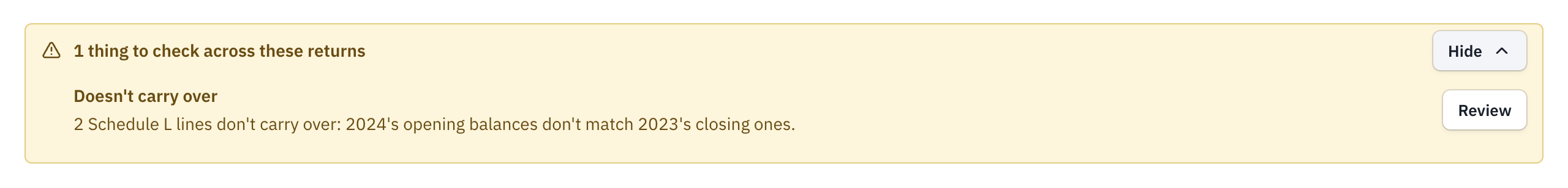 The project page's warnings banner, opened with Show, listing lines that don't carry over with Review.