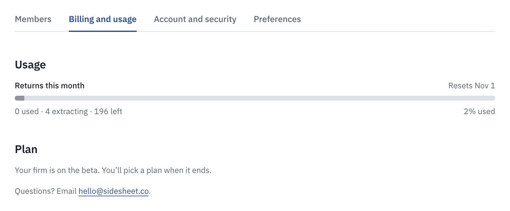 Billing and usage in Settings: Usage shows this month's returns and the day they reset, and Plan says the firm is on the beta.