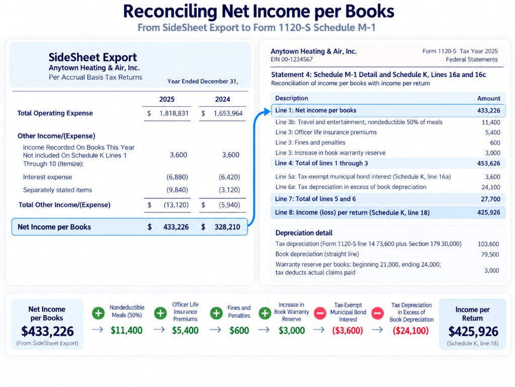 The Schedule M-1 walk for 2025: net income per books of $433,226 on line 1 ties to the reconstructed income statement, then nondeductible meals, officer life insurance, penalties and the warranty reserve are added back and tax-exempt interest and excess tax depreciation are deducted to reach income per return of $425,926